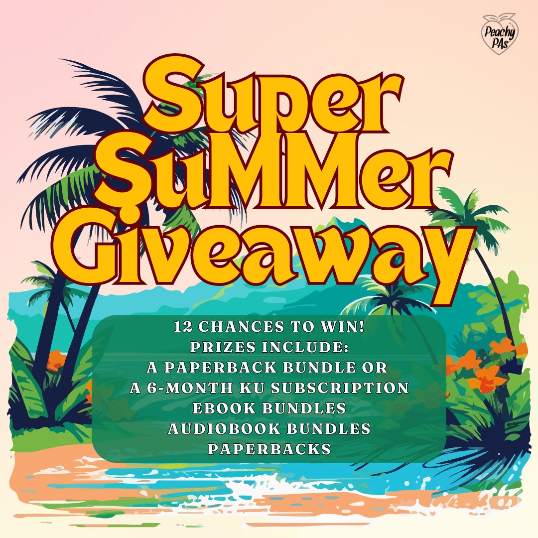 Super Summer Giveaway - 12 chance to win. Prizes include paperback bundle or 6 month KU subscription, ebooks, audiobooks bundles, and paperbacks