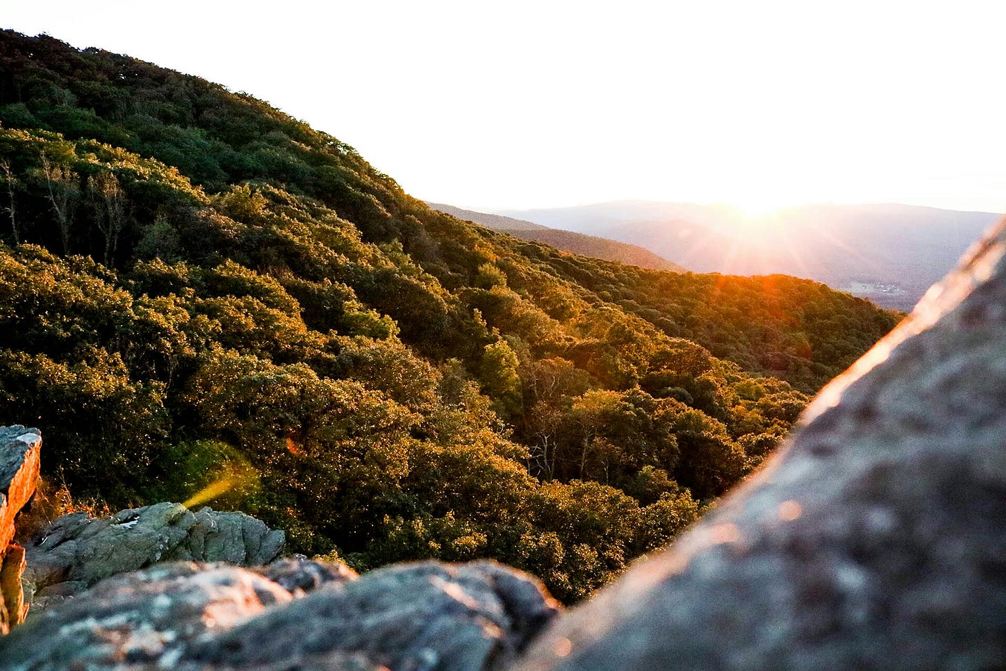 A view of rocks in the foreground and treed mountains in the background, with the sun peeking over the mountain range