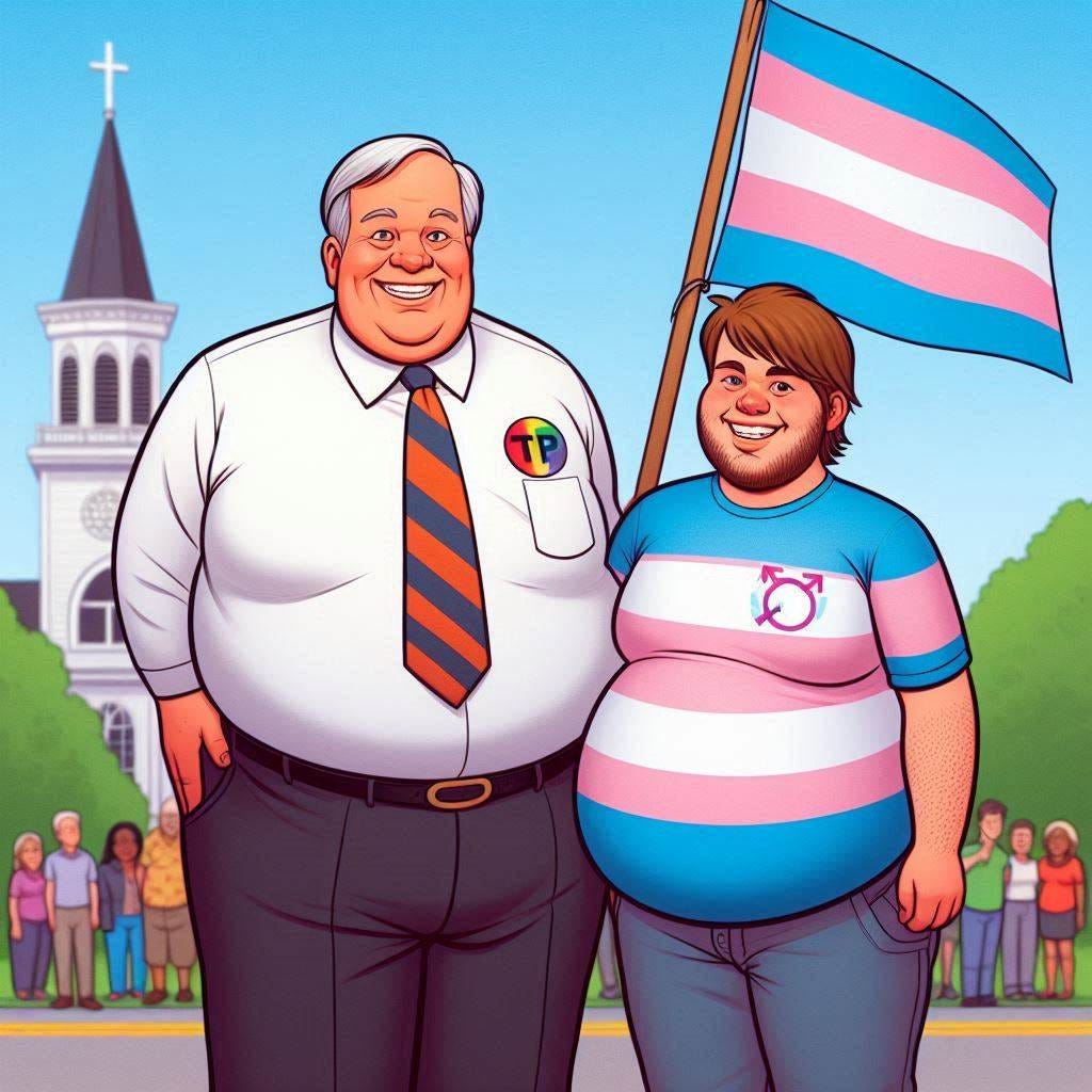 A fat Southern evangelical preacher stands next to a transgender activist.  Both are smiling.  The transgender activist is thinner and shorter than the preacher and the activist is carrying a trans pride flag