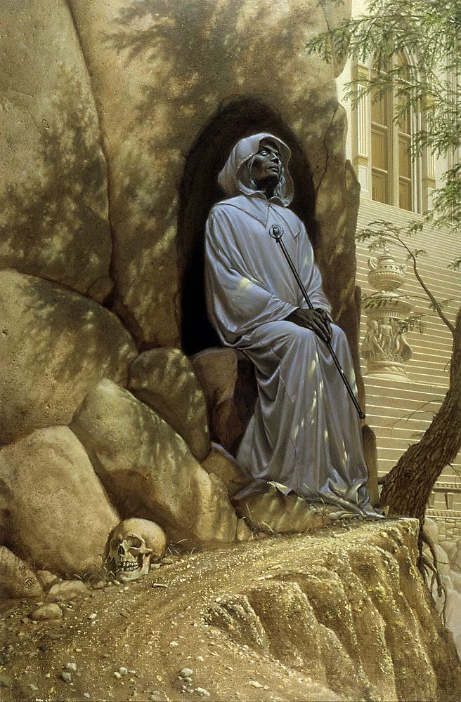 A dark skinned man with blank eyes and white hair sits primly against the smooth face of rock with a tree casting soft shadows across it. The hood of his pristine white robes is drawn up and his hands rest penitently in his lap. He holds a black metal rod, topped with an owl, angled back toward him. On the path leading up to him, a human skull rests on a pebble strewn ground. Beyond, a tall set of stairs leads up to a set of double doors, part of a large paneled arch four times its height.