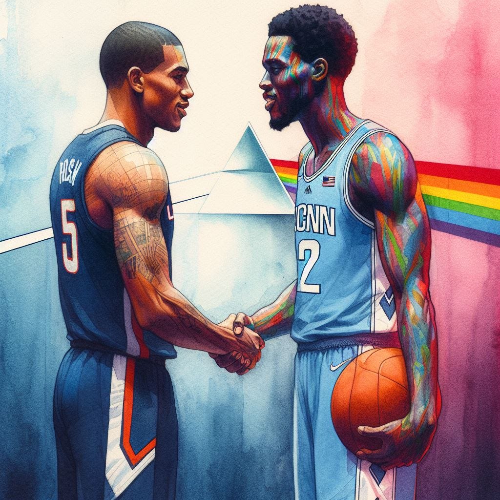 A UConn men's basketball player and a UNC men's basketball player shaking hands, in the style of Pink Floyd's Wish You Were Here album cover, watercolor