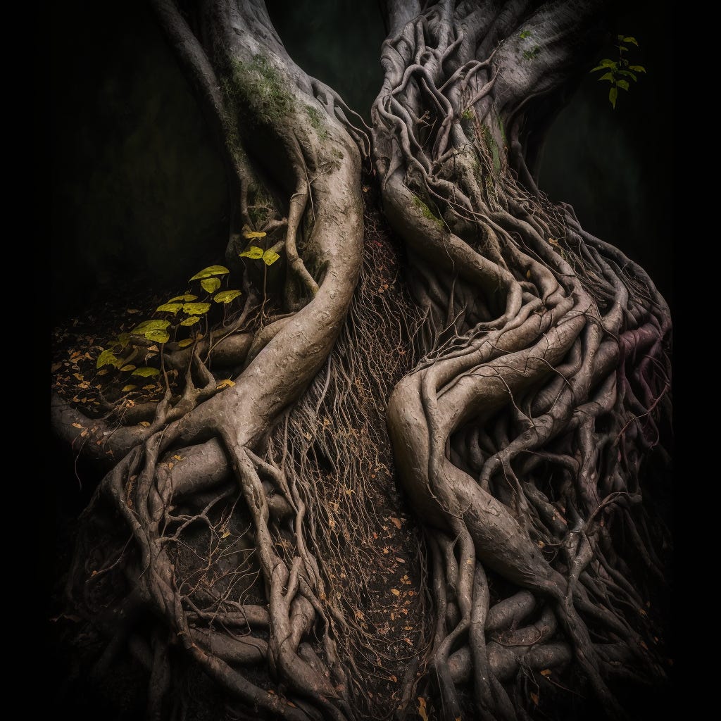 roots in the shape of human female bodies, human gigures, intertwined bodies, magical roots.