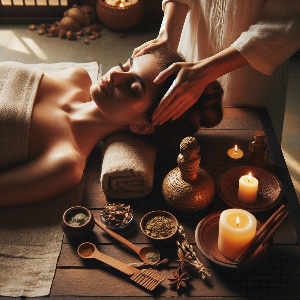 A woman is lying down with her eyes closed, wrapped in a towel, while receiving a head massage. Her head is resting on a rolled-up towel. Surrounding her are various spa items, including small bowls containing herbs and spices, wooden spoons, and a decorative, ornate container. There is also a lit candle, adding to the relaxing ambiance. The overall atmosphere is calm and soothing, suggesting a focus on relaxation and wellness.