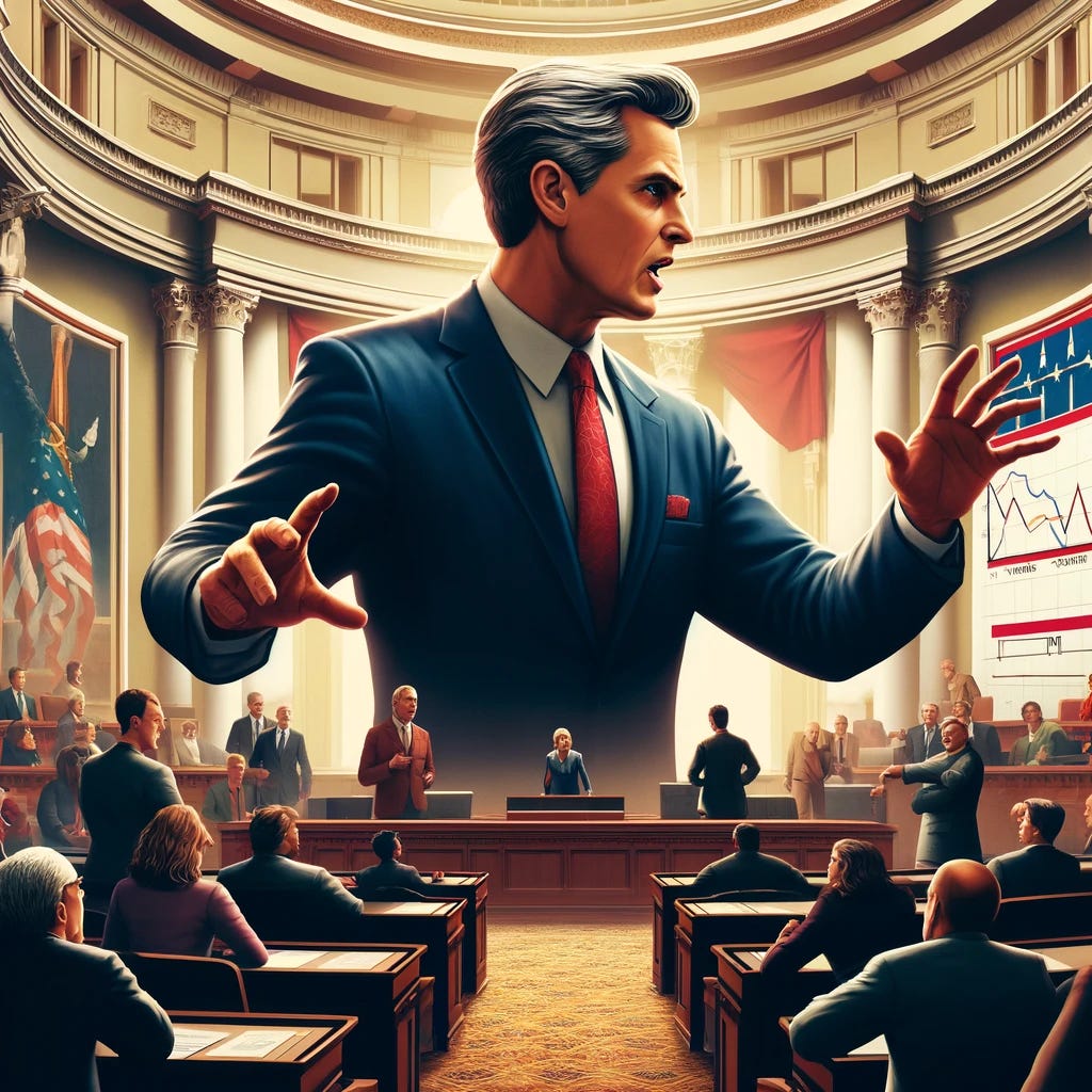 A dynamic political campaign poster featuring an intense debate scene in a state capitol building. In the foreground, a bold and determined state senator stands, passionately addressing the assembly. The senator, a Caucasian male in his 50s with short gray hair and wearing a classic dark blue suit with a red tie, gestures emphatically towards a large graph showing a steep rise in government spending. Around him, other legislators listen, some supportive, others skeptical. The capitol's interior is grand, with high ceilings and traditional decor. The atmosphere is charged with a sense of urgent discourse.