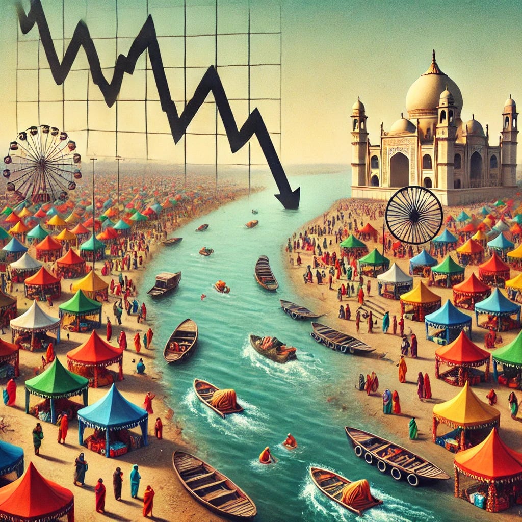 A creative and symbolic depiction of the Indian stock market struggling during the Kumbh Mela. The image shows a bustling Kumbh Mela scene with colorful tents, crowds, and the Ganges River, contrasted with a stock market chart in the background declining. The chart is integrated subtly into the scene, perhaps as a flag or on a floating paper in the water. The mood captures the cultural significance of the Kumbh Mela and the economic tension, blending tradition and finance. Bright and detailed, with a balanced mix of symbolism and realism.