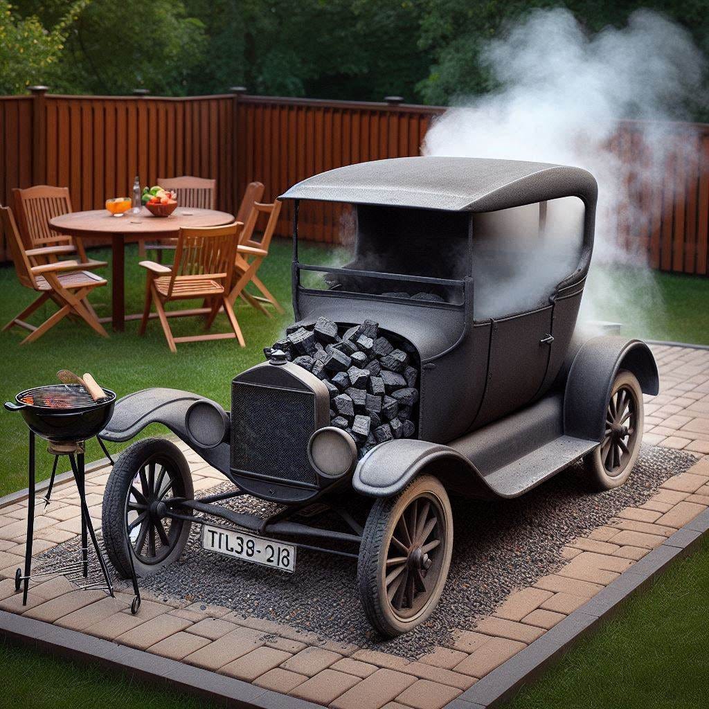 a model T turning into charcoal briquettes 