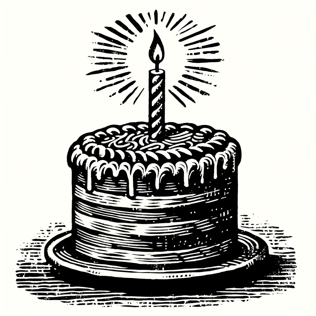 A birthday cake with one candle, depicted in a pure black and white ancient woodcut style, as if it were a print from several centuries ago. This version should exclude any yellow or colored tones, presenting a stark contrast between black and white only. The texture should still suggest an old, weathered woodblock print, with bold, irregular lines and a pronounced grainy texture. The image should appear as if taken from an old, time-worn book, emphasizing a timeless and classic feel.