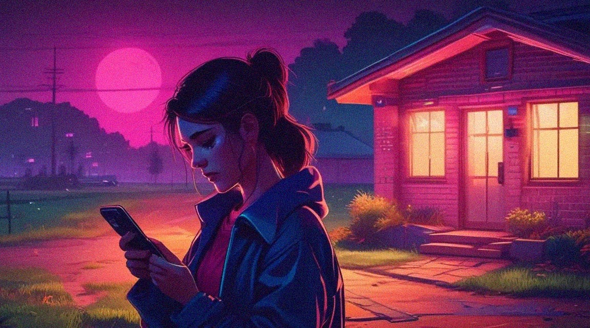 a tearful woman outside a small house in the suburbs looking at her phone with bold, neon colours during twilight