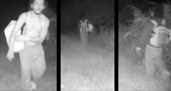 Several frames from video camera footage in black-and-white show a man walking near woods. In one image he faces the camera and is not wearing a shirt, while carrying a duffel bag. In two other images, he is walking away from the camera with a backpack, and is wearing a long-sleeve jacket or shirt.
