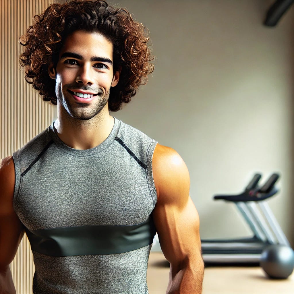 A professional and approachable image of a Puerto Rican personal fitness trainer with curly hair, wearing athletic attire in a modern gym setting. The background is neutral with subtle lighting, creating a clean and motivational tone. The trainer appears friendly and confident, embodying a healthy, active lifestyle, ready to work with clients on fitness goals.