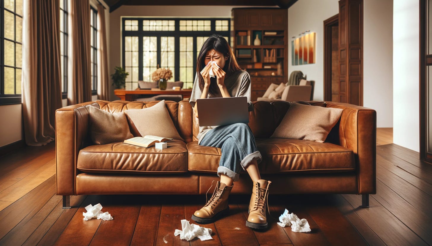 A young Asian woman in her early 20s is sitting on a large brown leather couch in a spacious living room, holding a tissue to her nose as if she is sneezing or crying. Her expression is one of discomfort. She's wearing casual home attire. On the floor next to her, there's a pair of well-worn boots, suggesting she has either just come in or is about to leave. An open laptop sits within arm's reach on the couch, with a few crumpled tissues scattered around. The room is warmly lit, giving a cozy, lived-in feel. There are large windows showing a view of the outside, with curtains partially drawn, and the walls are adorned with a few pieces of abstract art.