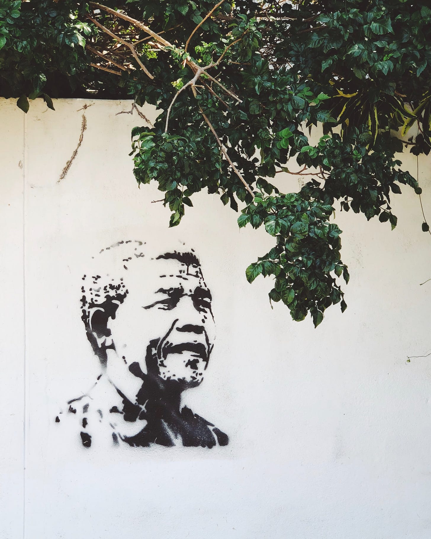 Nelson Mandela’s portrait on a wall.