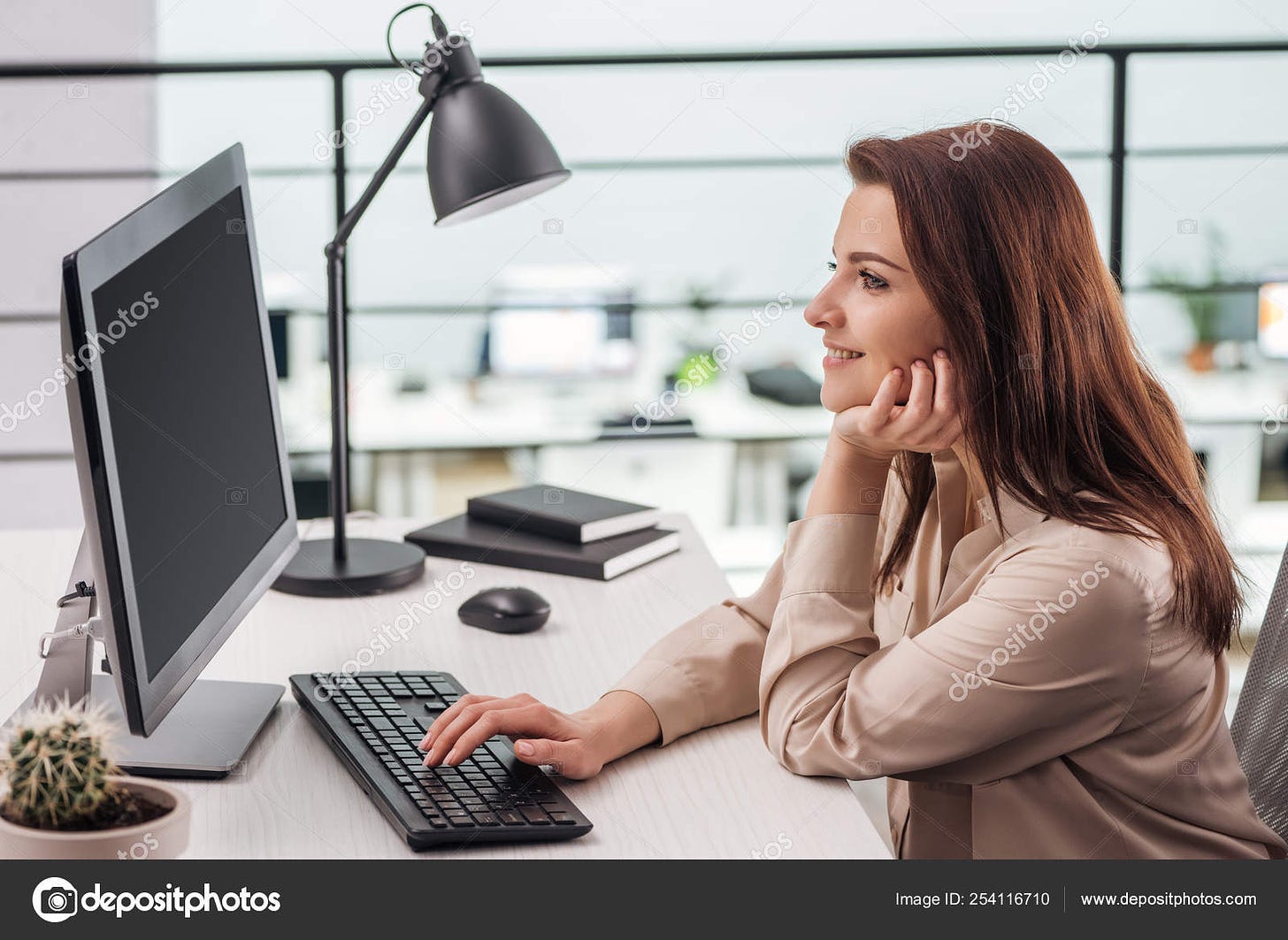Happy Young Woman Typing Computer Keyboard Workplace Modern Office Stock  Photo by ©VadimVasenin 254116710