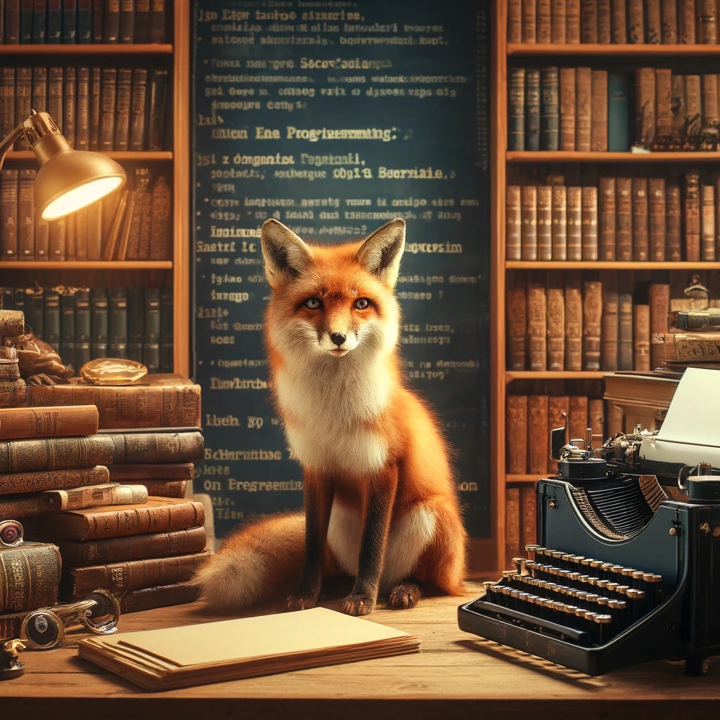 A fox sitting beside a vintage typewriter, surrounded by stacks of books and papers, in a cozy library setting. The fox, intelligent and observant, symbolizes the famous coder, with a background filled with programming books and notes on software design. The warm lighting and classic furniture enhance the scholarly and innovative vibe.