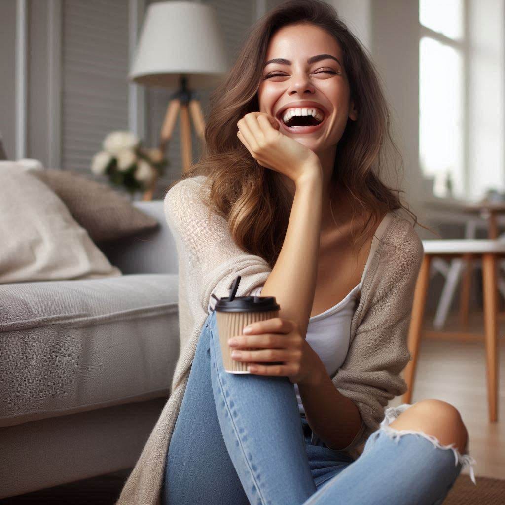 A pretty, self-absorbed woman laughs as she sits alone in a living room.