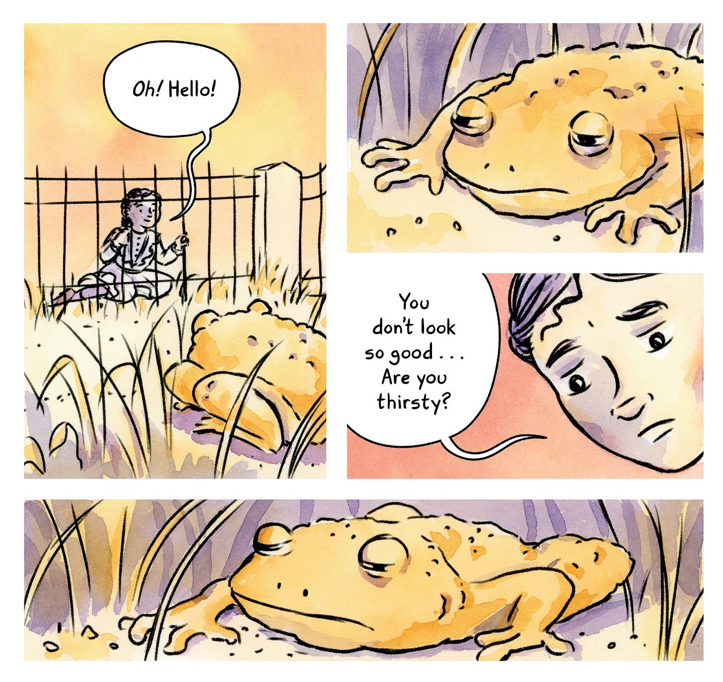 Example of a panel border of Winnie and the toad without a stroke in K. Woodman-Maynard’s Tuck Everlasting: The Graphic Novel