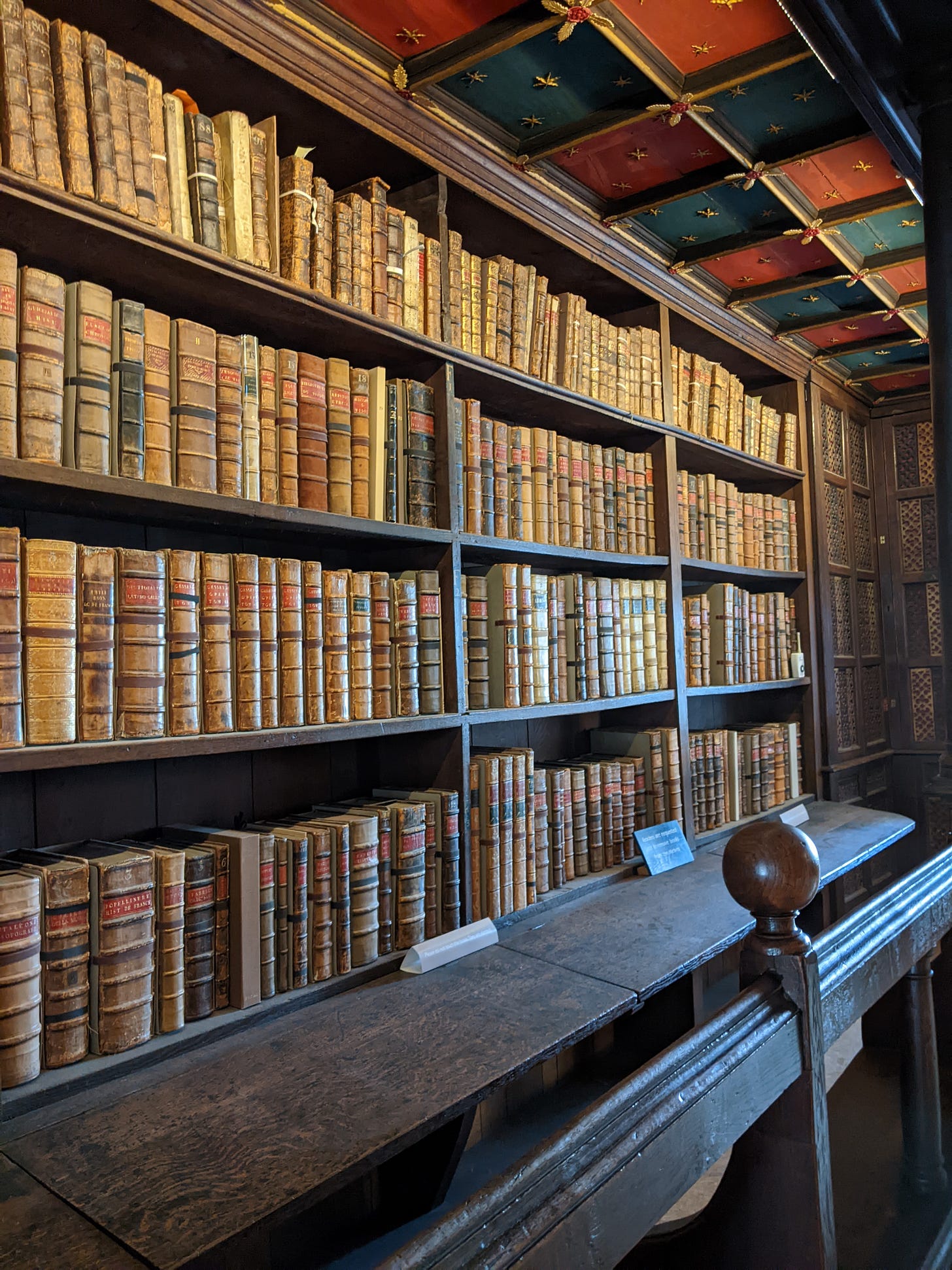 Rows of ancient books in Duke Humfrey's library