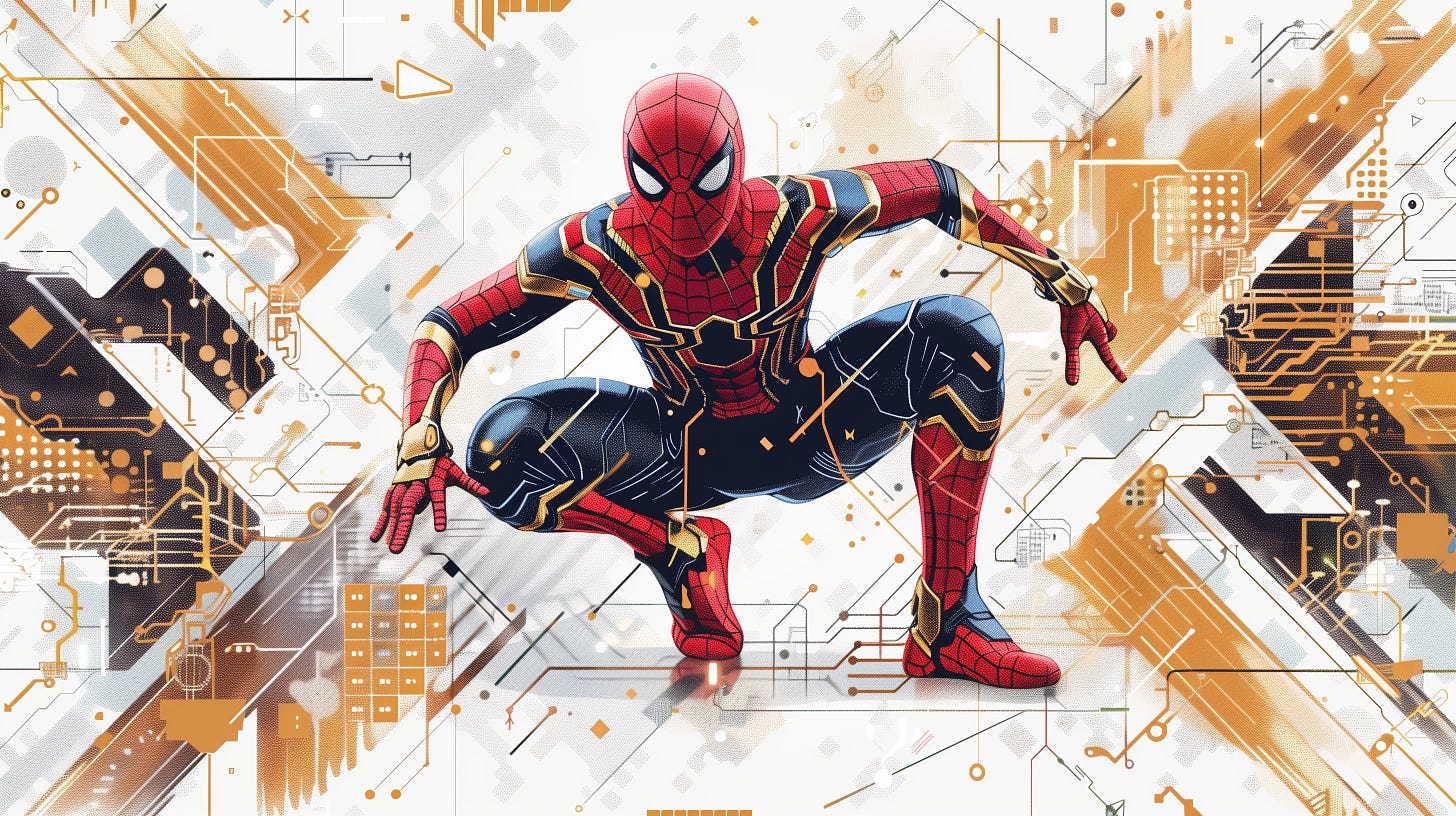 Spiderman made of circuit boards and wires | standing on an array of gold accents | white background with geometric shapes | surrounded by various elements representing different forms of data collection such as graphs or charts | This design embodies modern technology aesthetics while maintaining a playful atmosphere | Vector illustration in the style of modern technology aesthetics | Spiderman vector Illustration --ar 16:9 --s 120 --v 6.0