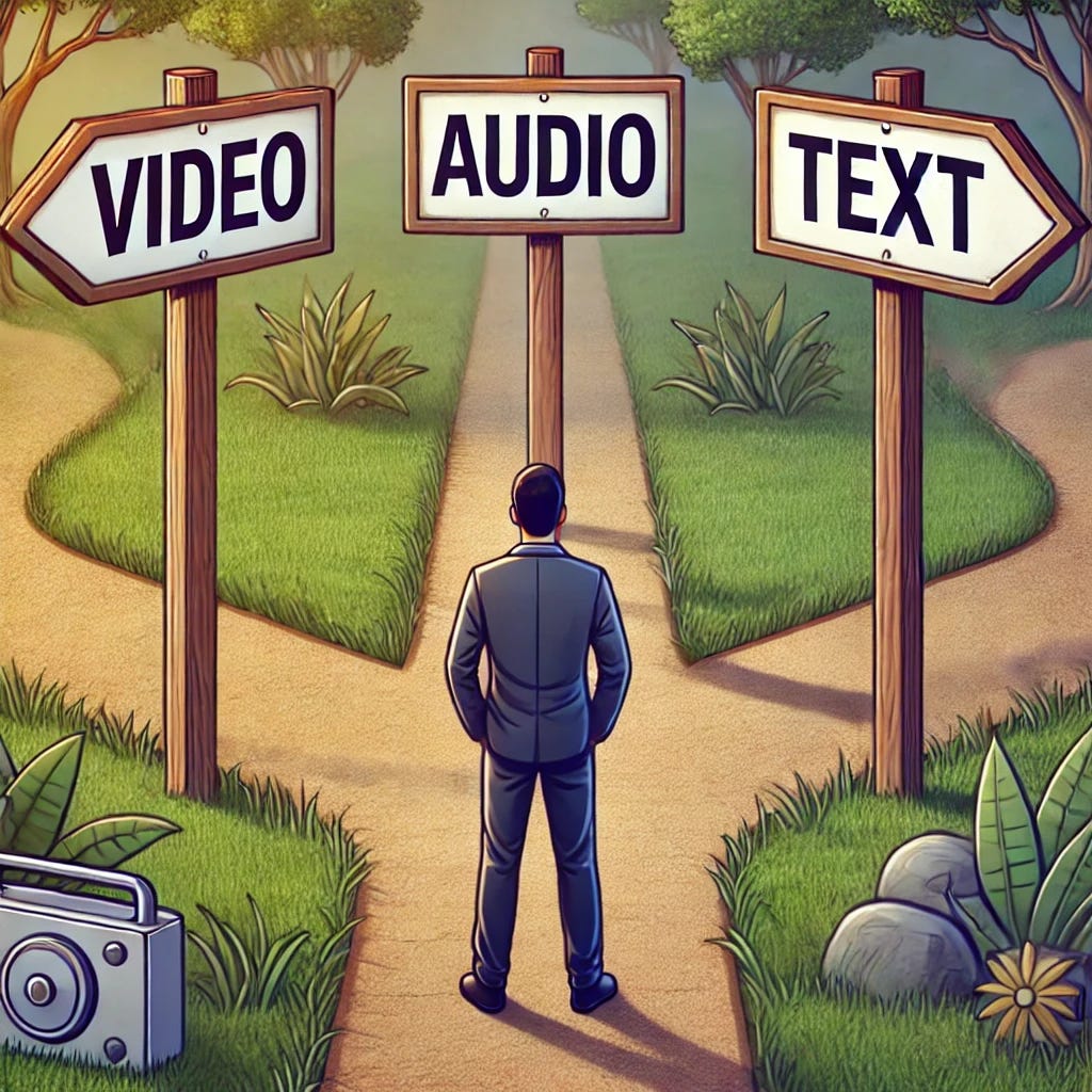 A person standing at a crossroads with three paths. Each path has a sign. The path on the left has a sign that says 'video.' The path in the middle has a sign that says 'audio.' The path on the right has a sign that says 'text.' The scene is set outdoors, with trees and greenery around, and the signs are clearly visible.