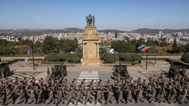 South African Military members arrive ahead of the inauguration of South Africa's Cyril Ramaphosa as President at the Union Buildings in Pretoria on June 19, 2024.