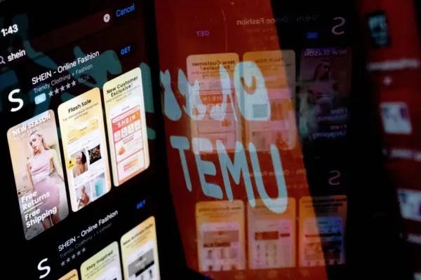 This photo illustration shows the Shein app on the App Store reflected in the Temu logo, in Washington, DC, on Feb. 23, 2023. (Stefani Reynolds/AFP via Getty Images)