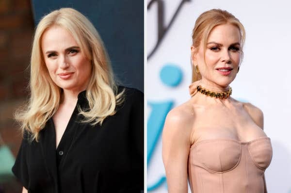 Two women posing at separate events; one in a black shirt, the other in a strapless beige dress with a choker necklace