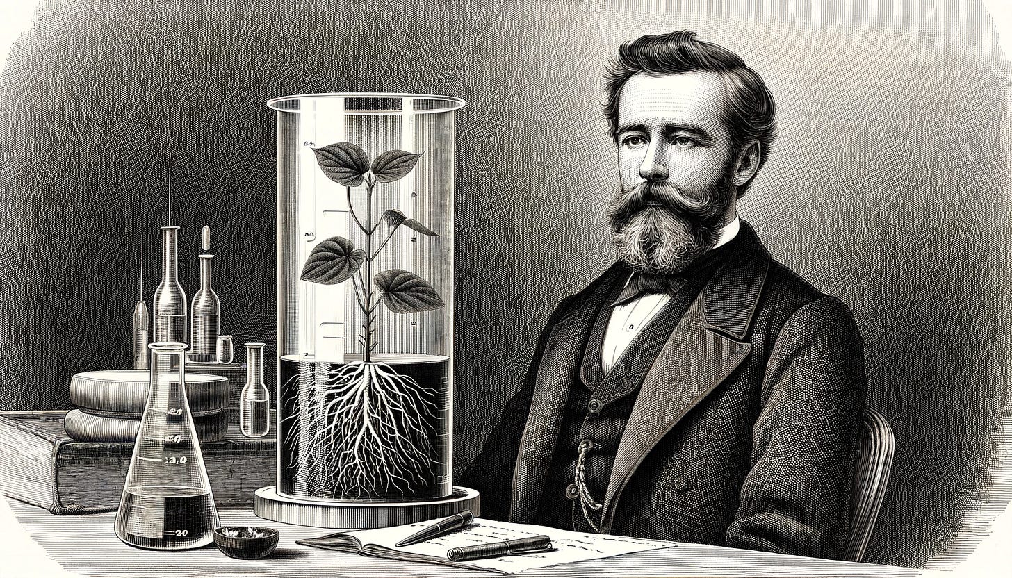 19th-century scientist resembling Julius von Sachs in a laboratory setting with hydroponic plant system