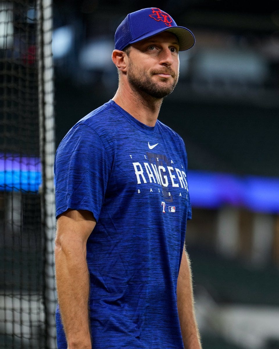 New Rangers RHP Max Scherzer stepping on to Globe Life Field on Tuesday. 