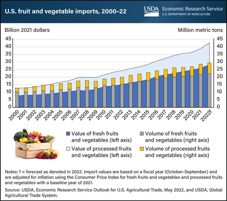 This is a combined line graph and stacked bar chart. The line craph shows the value of both fresh and processed fruits and vegetables in the import market from 2000-22. The bar chart shows the volume of fresh and processed fruits and vegetables.