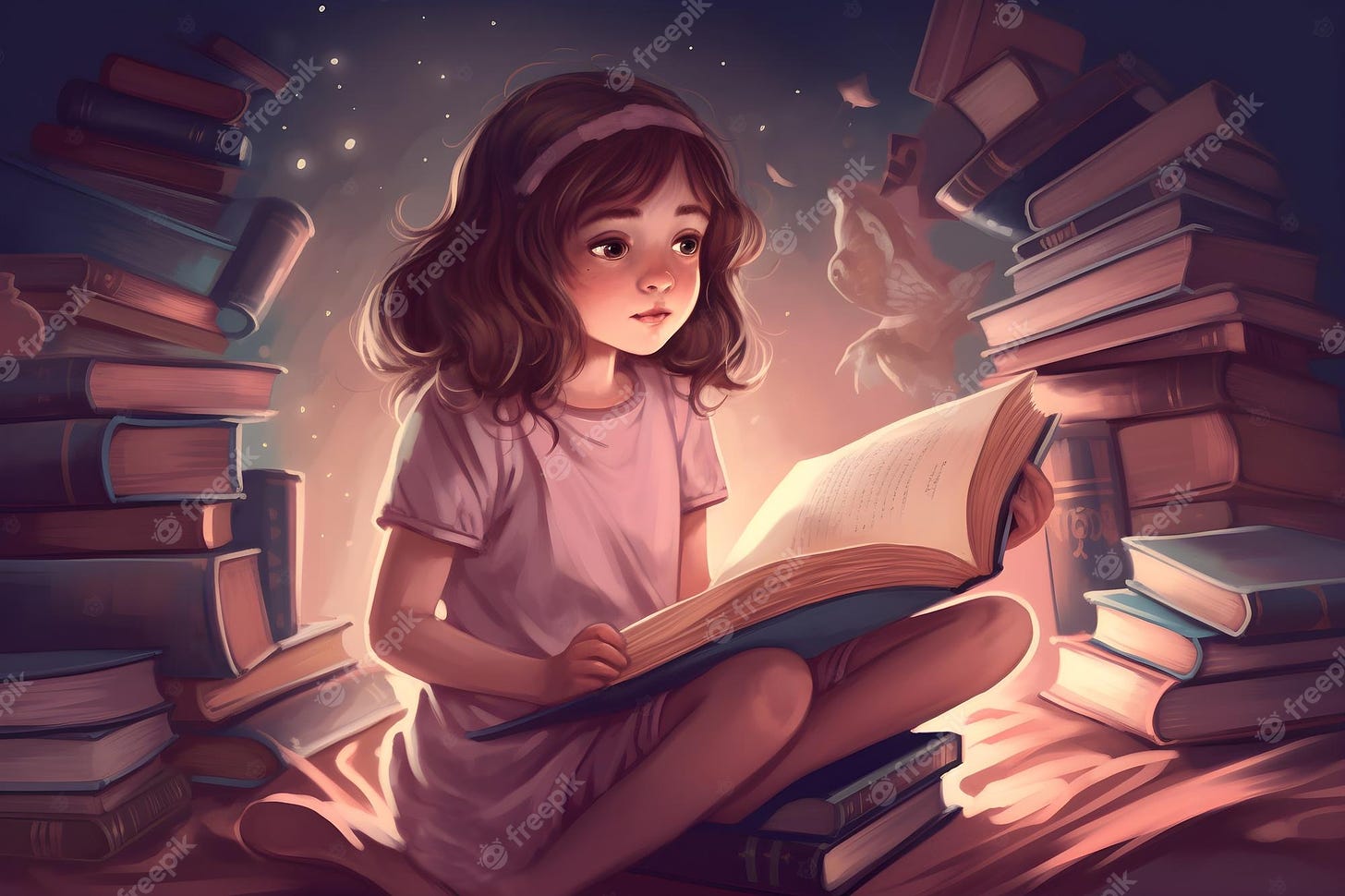 Premium Photo | A girl reading a book in a stack of books