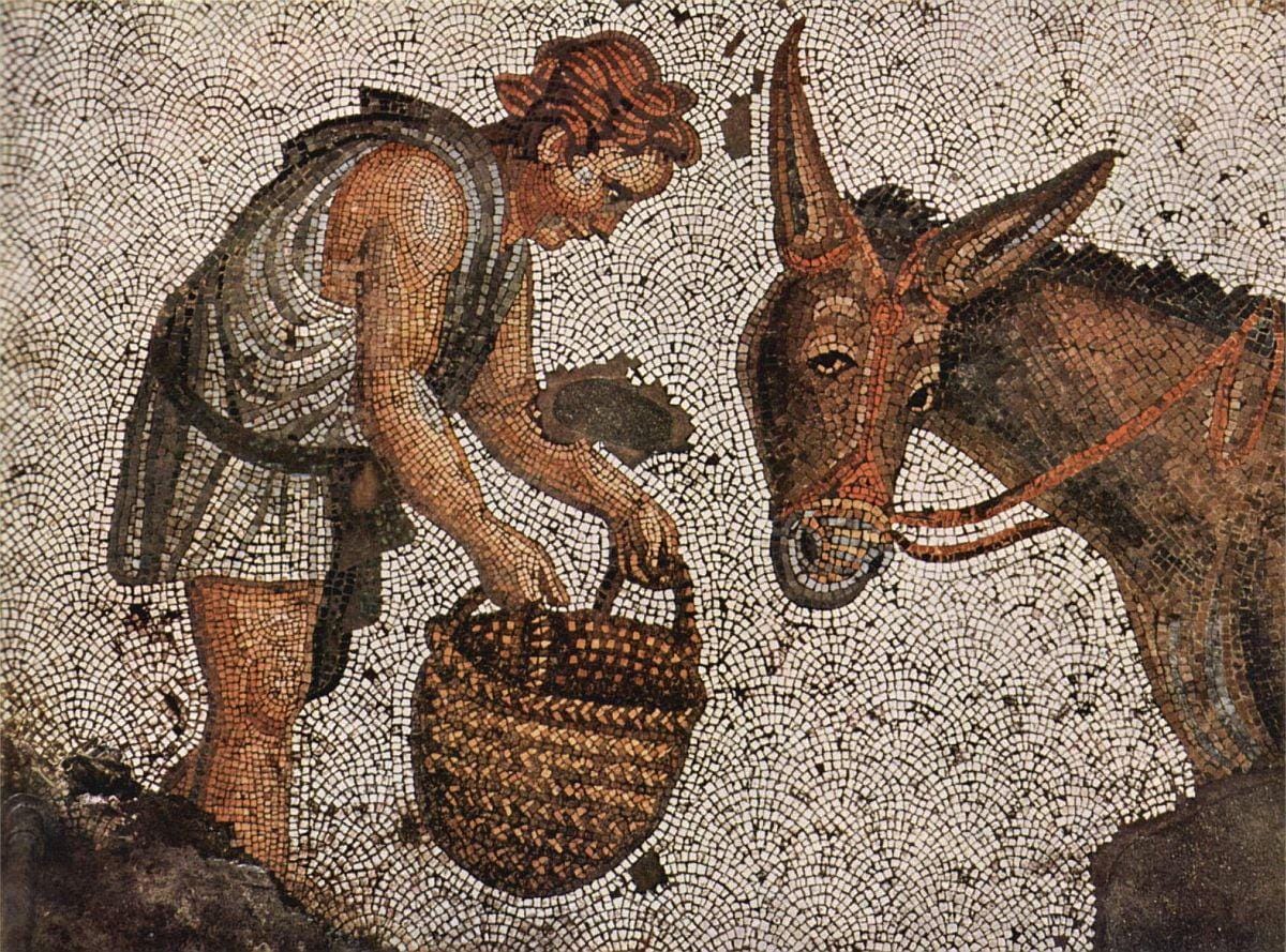 r/ArtefactPorn - Extremely interesting Roman mosaic showing the scene of a donkey being fed by a man. The object is dated to the 5th century CE; now the artifact is in the Istanbul Archaeological Museum (Turkey). [1200x889]