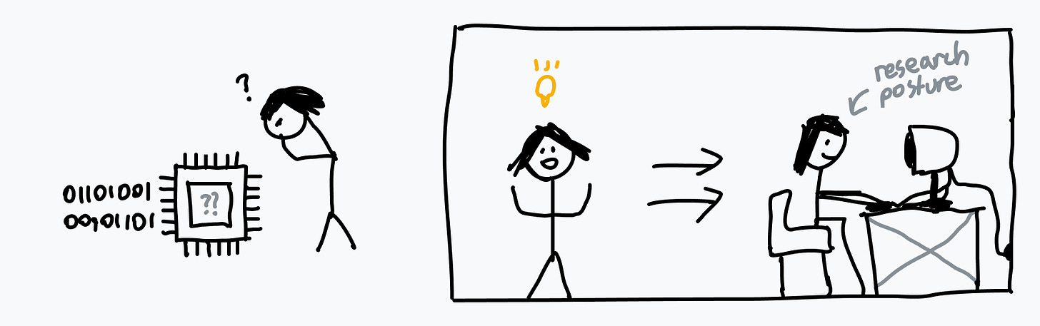 A scrawled digital drawing. Someone with long hair is confused as they peer down at a computer ingesting binary. Suddenly, they have an idea! They start researching on a desktop computer with bad posture.