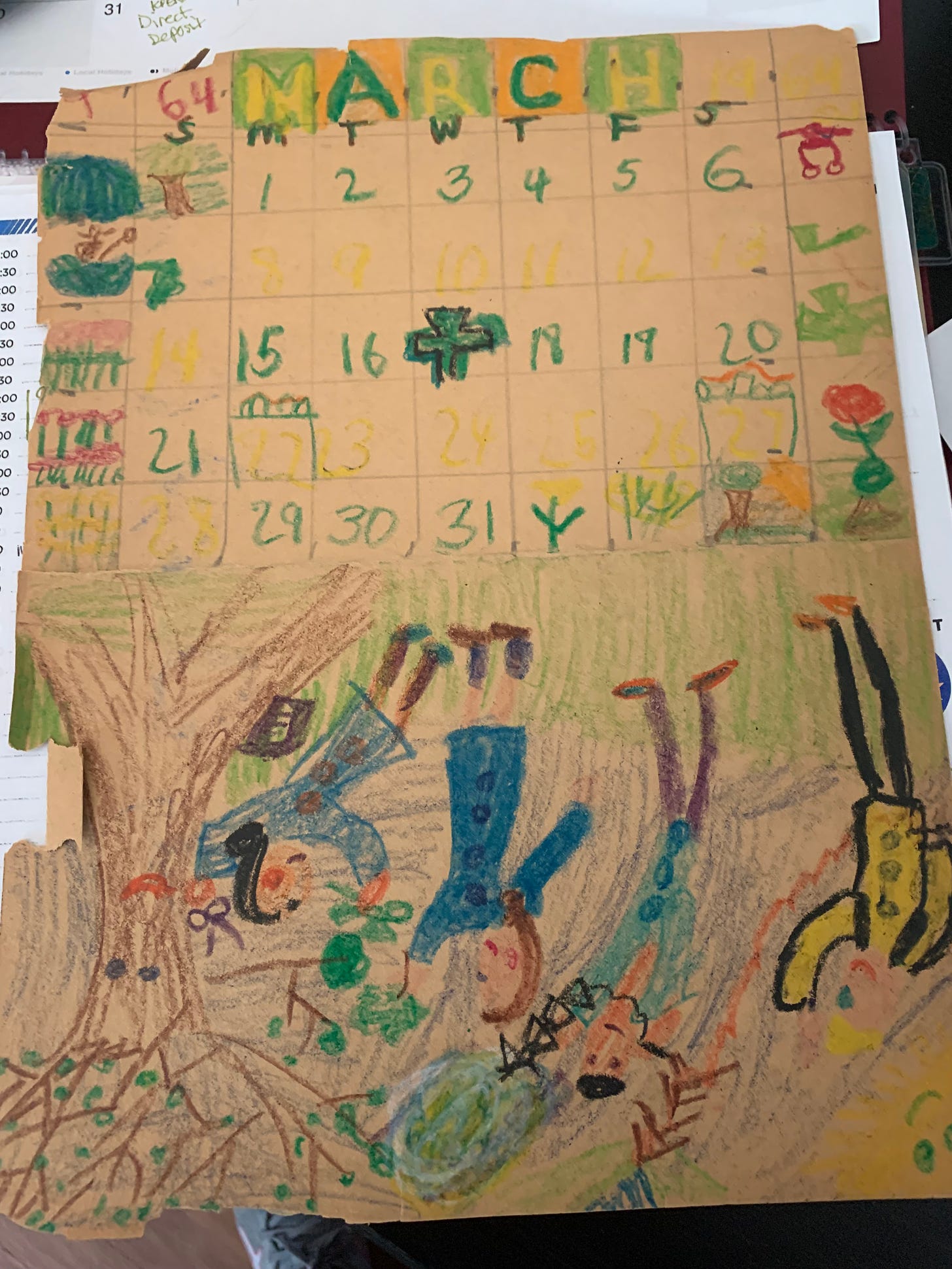 A hand-drawn calendar March with decorations.