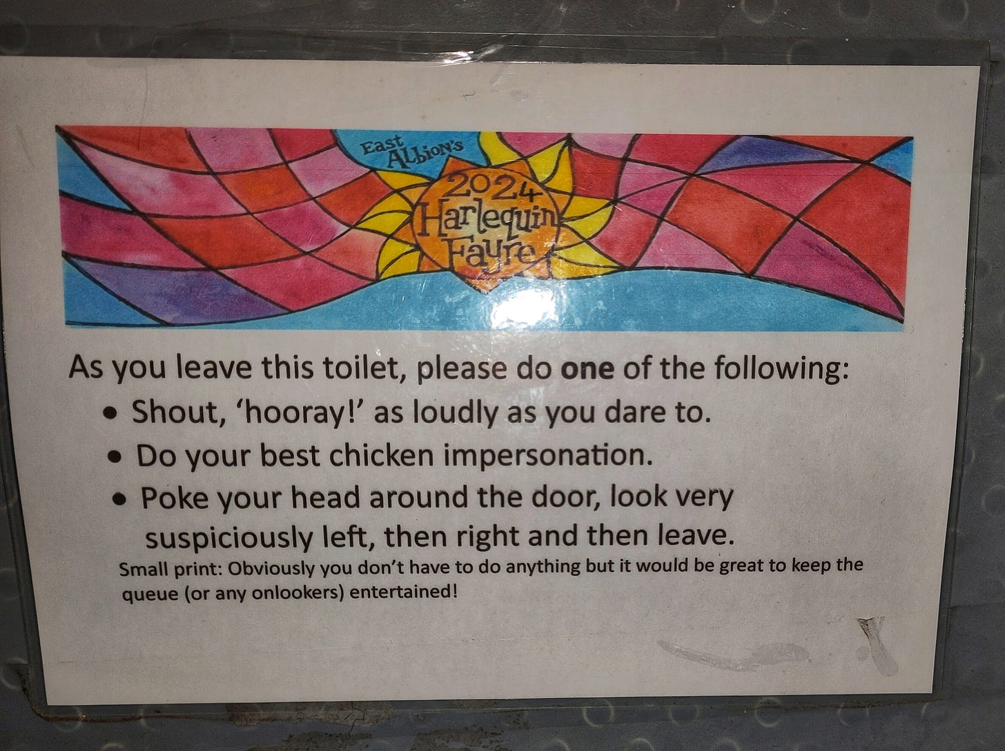 laminated notice; leave the toilet shouting 'hooray'!