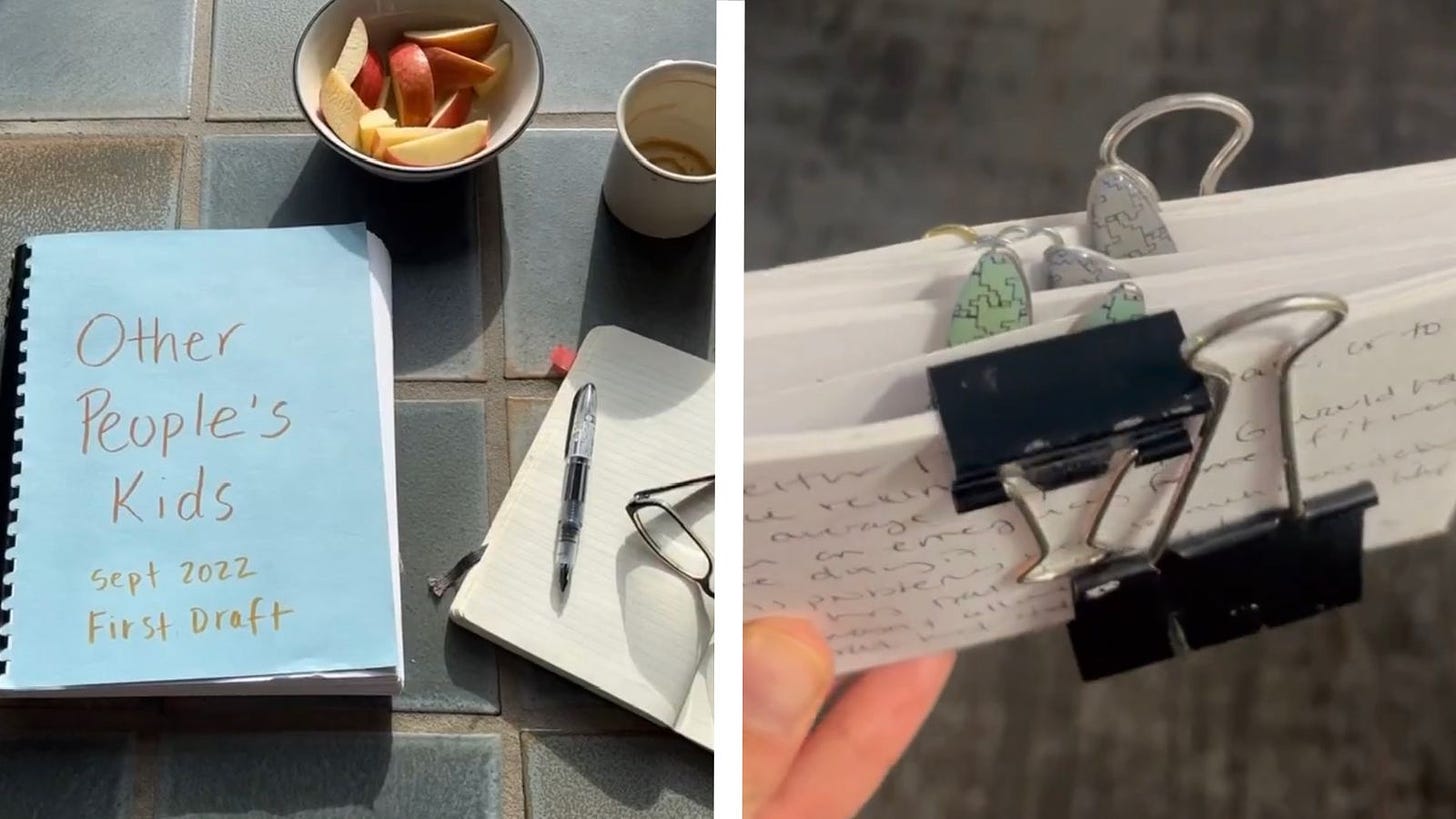 side by side photos, one of a printed manuscript that reads "other people's kids," the other of a stack of notecards with a bunch of clips in them