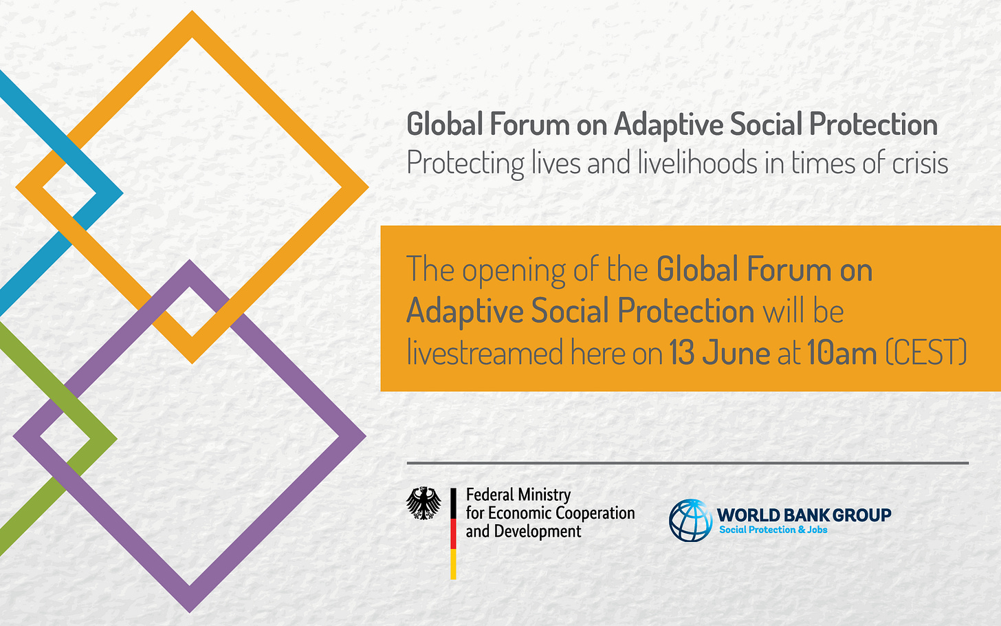 A poster for the Global Forum on Adaptive Social Protection, noting that it will be livestreamed starting 13 June