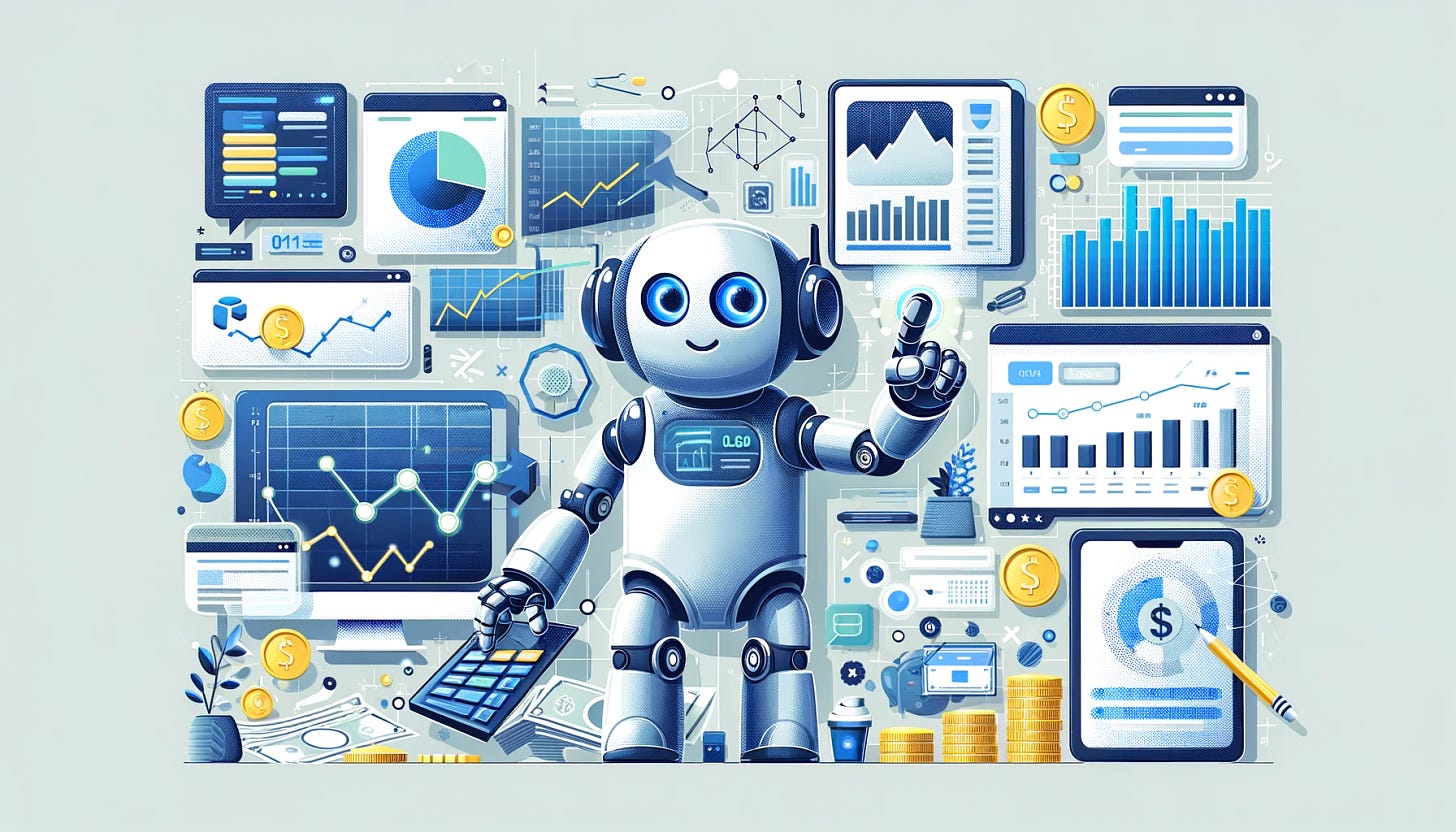 Create a horizontal rectangular image for a financial theme, featuring the concept 'Robo-Advisor: An Effective Tool for Personal Finance'. The image should depict a friendly robotic figure symbolizing a robo-advisor, engaged in financial activities such as analyzing charts and managing investments. Include elements like digital screens displaying financial data, graphs, and symbols of personal wealth like coins and banknotes. The atmosphere should convey modernity and efficiency, illustrating the robo-advisor as a futuristic solution for managing personal finances.
