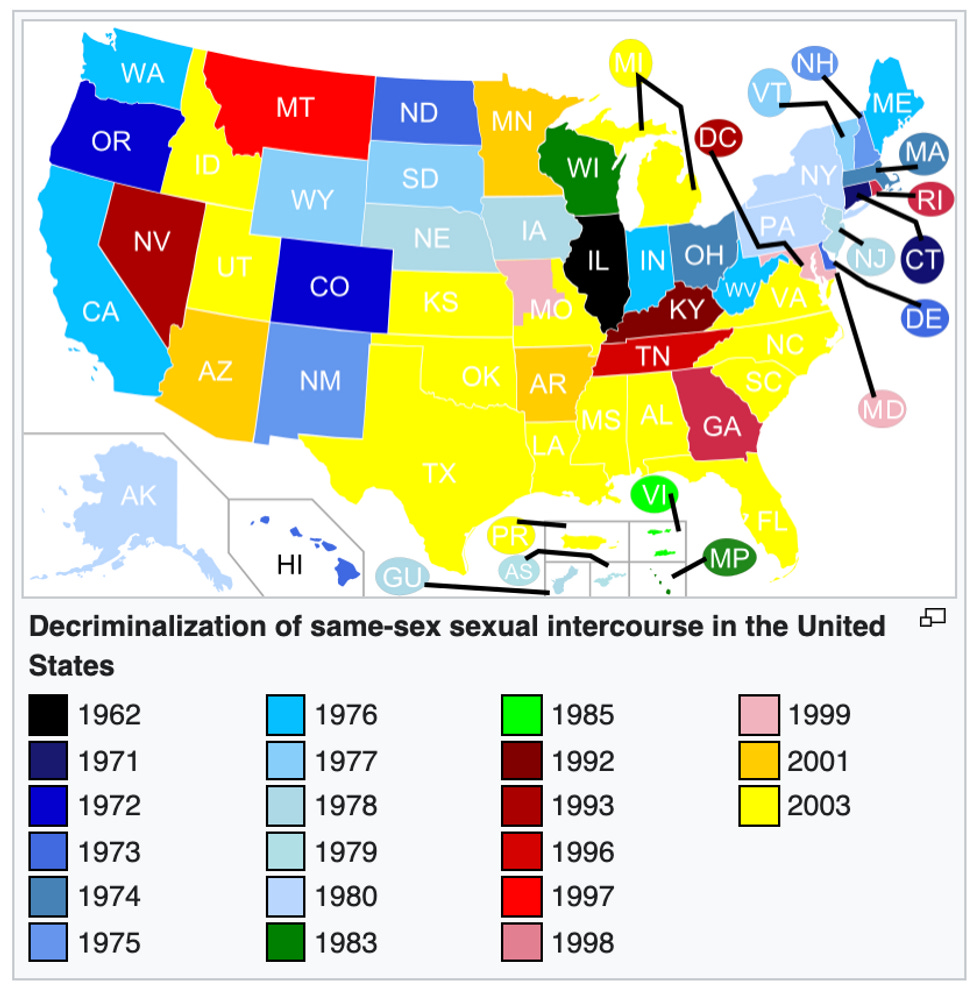 Map showing when sodomy was legalized in each state (see: Wikipedia entry linked below)