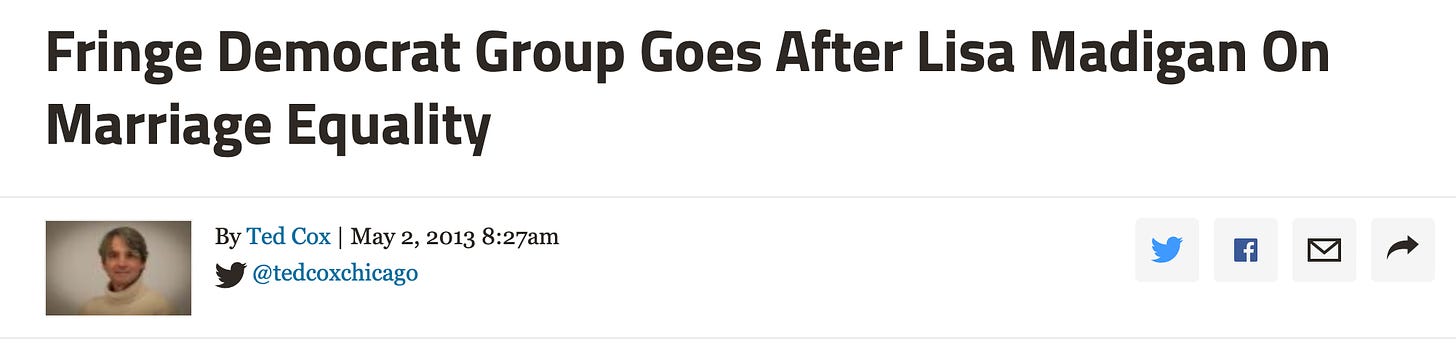 A headline from a DNAinfo article written by Ted Cox, dated May 2, 2013. The headline reads "Fringe Democrat Group Goes After Lisa Madigan On Marriage Equality"