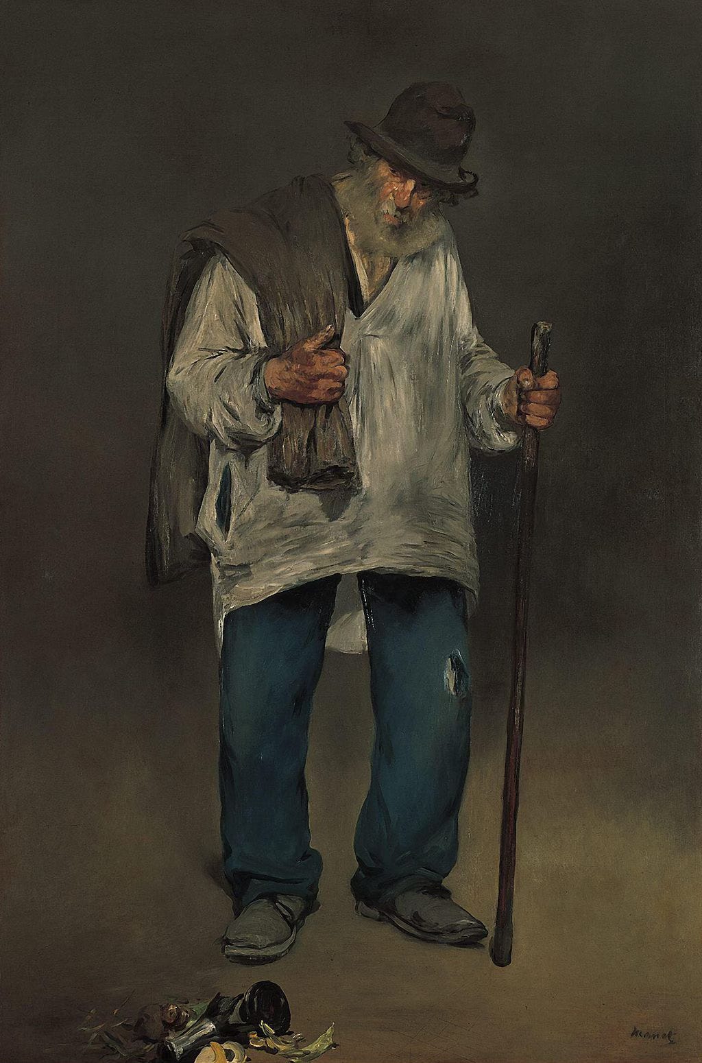 Painting of older man with beard and hat wearing old clothes and using stick. Dark background.