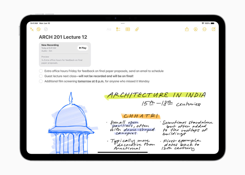 iPad Pro shows the ability to record and transcribe audio in the Notes app.
