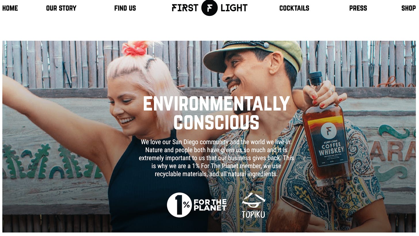 A screenshot of the First Light Whiskey website header and banner proclaiming their environmentally conscious mission.
