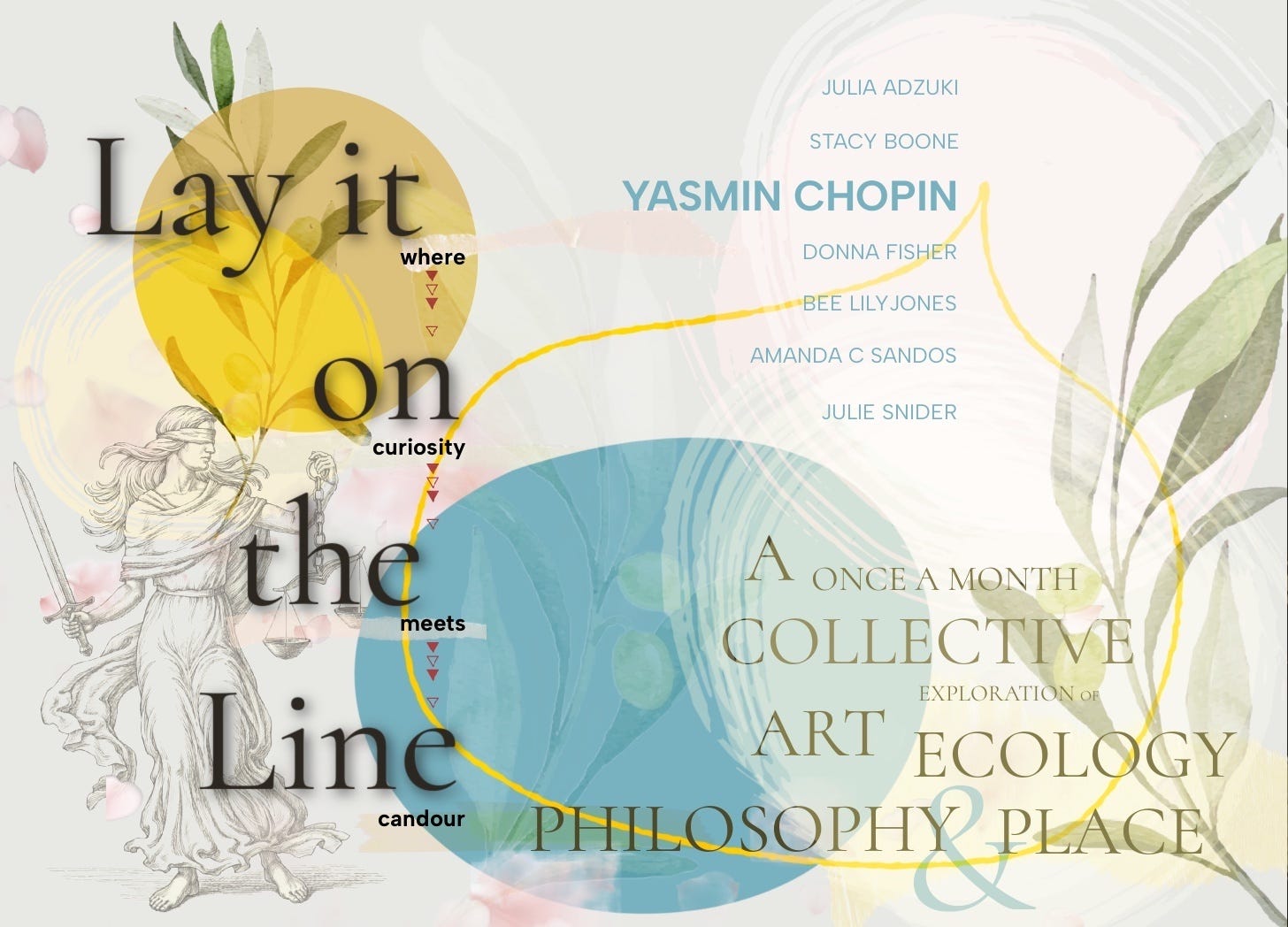 With the words Lay it on the Line prominent in this rendering in soft blue yellow and green this is a header image to introduce a collective of writers