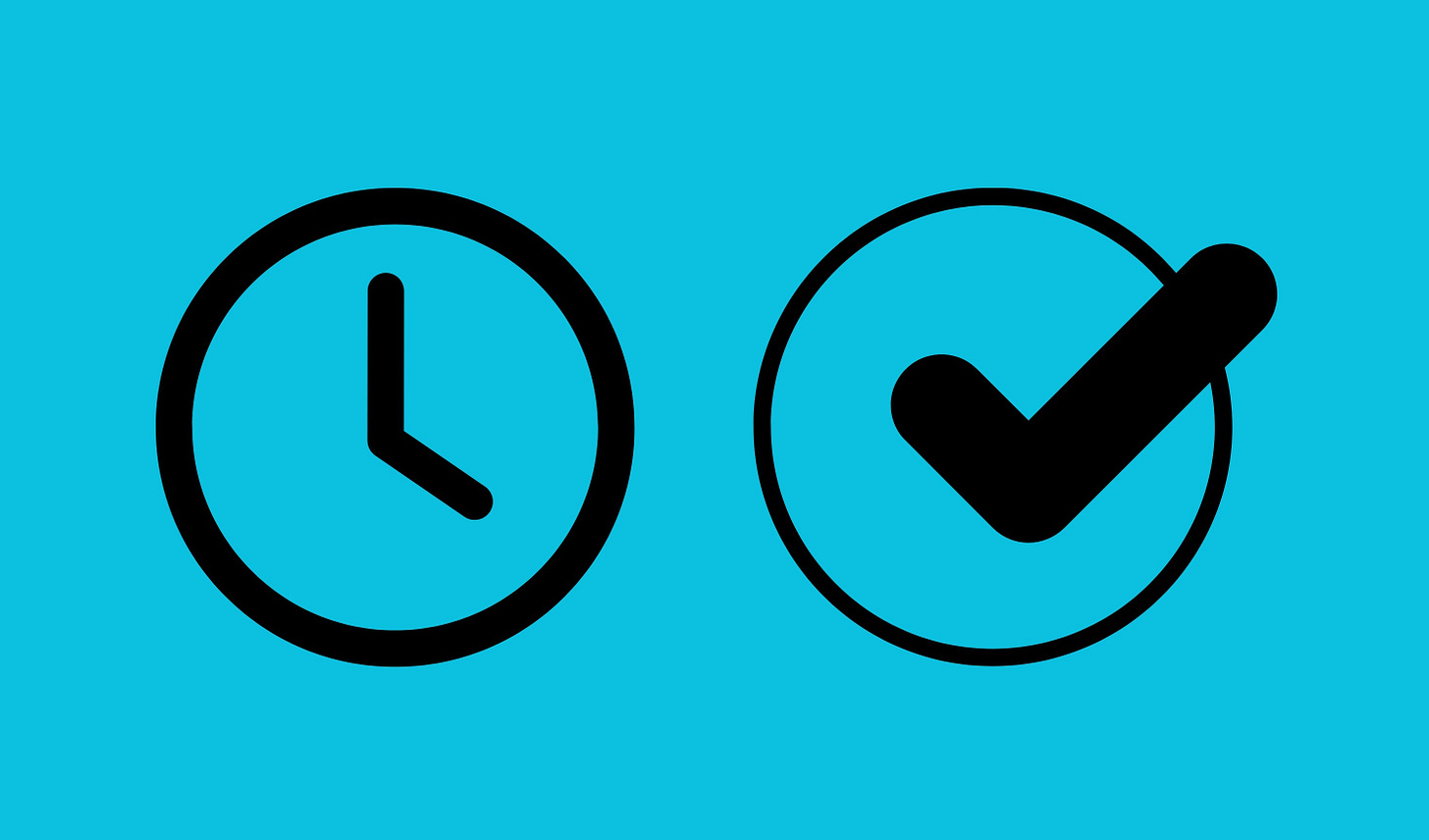 Graphic of clock on the left and a checked off task on the right.
