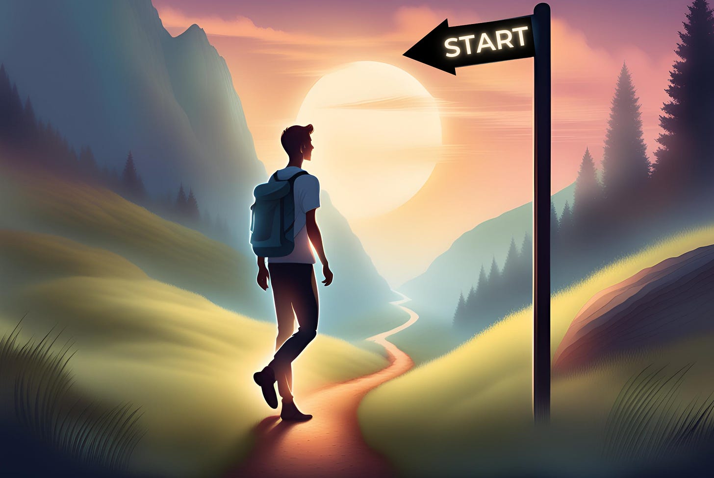 Illustration of a young man hiking a trail with a sign overhead that reads: start