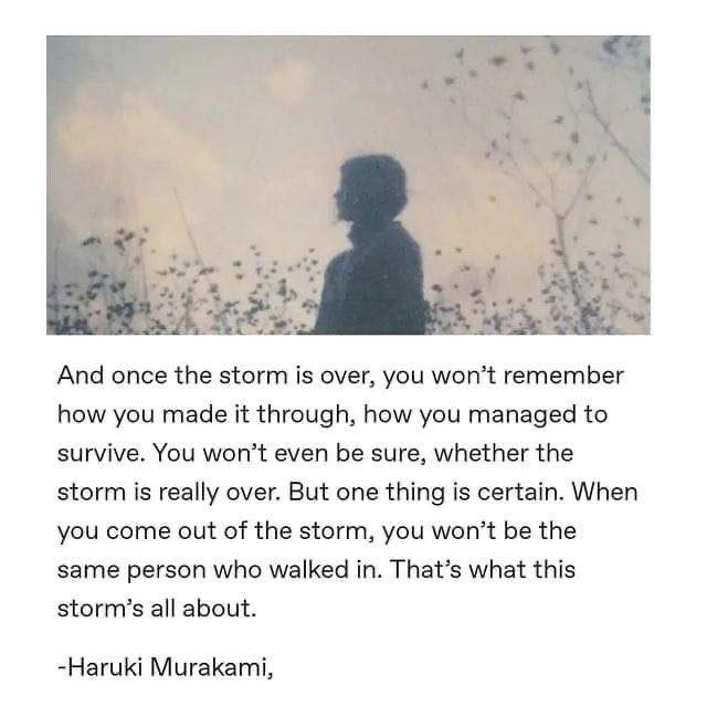 May be an image of 1 person and text that says 'And once the storm is over, you won't remember how you made it through, how you managed to survive. You won't even be sure, whether the storm is really over. But one thing is certain. When you come out of the storm, you won't be the same person who walked in. That's what this storm's all about. -Haruki Murakami,'