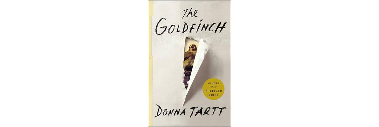 The cover of "The Goldfinch" by Donna Tartt. A torn paper covering shows a painting of a goldfinch behind a tear.