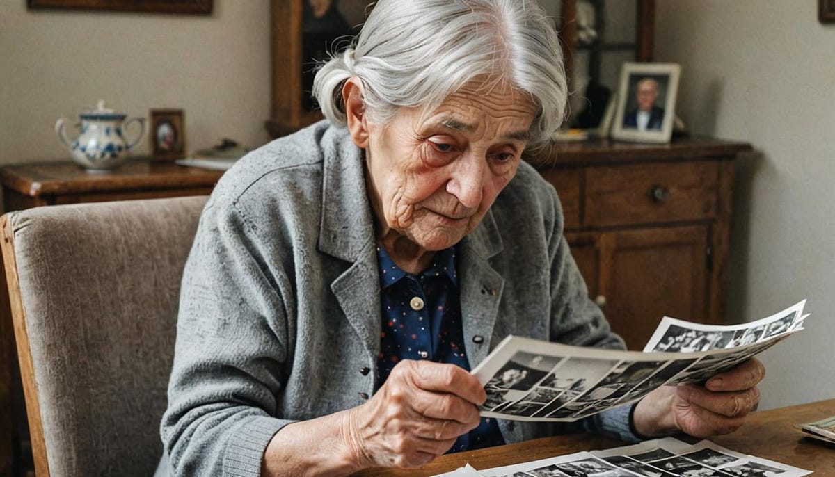 very old lady looks at photographs