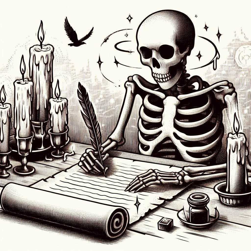 drawing of bones sitting at a desk with candles writing on a scroll with quill and ink well in art deco style