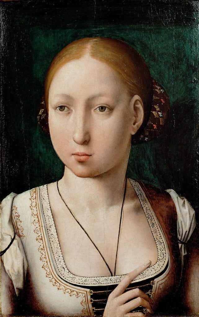 Portrait of Joanna of Castile, the wife of Philip the Handsome. She faces the front. She has reddish hair and wears a jeweled hairnet. She was among the most unhappiest of women.
